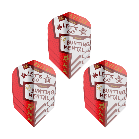 Target Pro Ultra Stephen Bunting Mental No6 Flights - 3 set Das Bild zeigt drei Sets der "Target Pro Ultra Stephen Bunting Mental No6 Flights" für Darts. Die Flights sind rot-weiß gestaltet und tragen Aufschriften wie "#LET'S GO" und "BUNTING MENTAL."