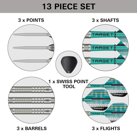 Freccette in acciaio Target Hydro 03 Swiss Point Zu sehen sind die Target Hydro 03 Swiss Point Steeldarts. Die Steeldarts werden detailliert ausgeleuchtet.