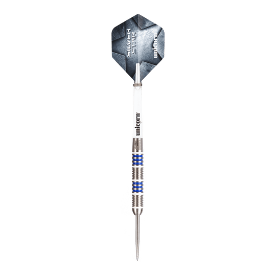 Freccette in acciaio Unicorn Silver Star Var.4 Gary Anderson Dieses Bild zeigt Unicorn Silver Star Var.4 Gary Anderson Steeldarts. Die Darts liegen nebeneinander auf einer weißen Fläche.