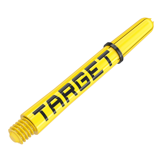 Aste Target Pro Grip TAG - 3 set - Giallo Dies ist ein gelber Dart-Schaft mit dem Schriftzug "TARGET". Der Schaft hat ein schwarzes Gummiband und ein Schraubgewinde am Ende.