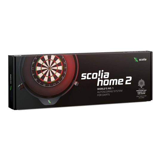 Sistema di punteggio automatico elettronico Scolia Home 2 2026 Die Abbildung zeigt die Verpackung des Produkts "Scolia Home 2 Electronic Score System". Es handelt sich um ein automatisches Punktezählsystem für Darts.