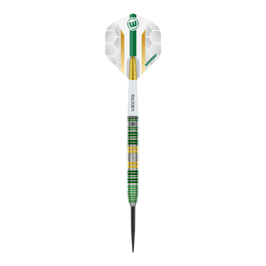 Freccette in acciaio Winmau Xenon Das Bild zeigt einen Winmau Xenon Steeldart mit einer weißen, grünen und goldenen Gestaltung. Der Dartpfeil hat einen markanten Ringgriff und eine spitze Metallspitze.