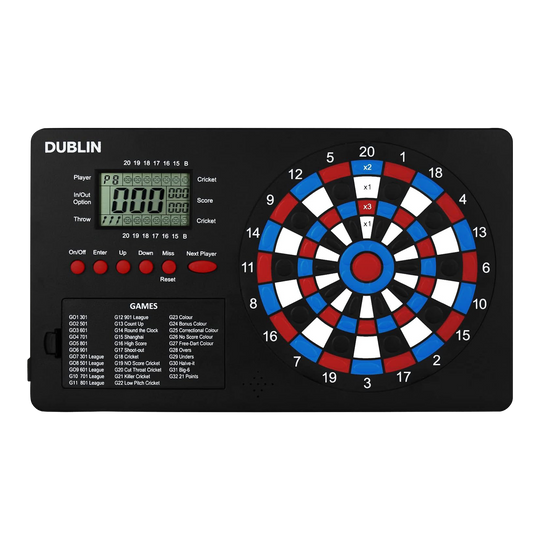 Contatore di freccette XQMax Dublin Das Bild zeigt den "XQMax Dublin Dart Counter", ein elektronisches Dartspiel mit eingebautem Punktezähler. Links befindet sich ein digitales Display und Tasten zur Spielsteuerung, rechts das bunte Dartboard mit verschiedenen Zahlenfeldern.