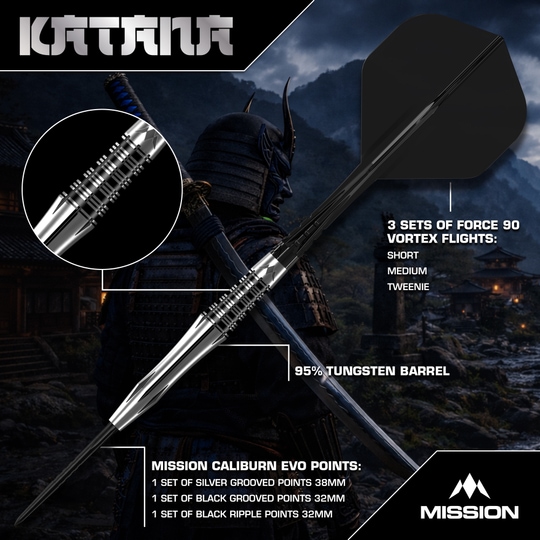 Freccette in acciaio Mission Katana Mission Katana Steeldarts werden präsentiert. Das Foto zeigt das Produkt detailliert für eine bessere Ansicht.