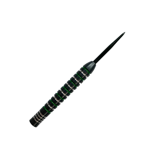 Barili per freccette in acciaio verde argento McDart Das Bild zeigt einen McDart Silver Green Steeldart Barrel. Der Dart hat silberne und grüne Rillen und eine schwarze Spitze.