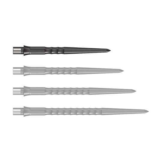 Punte per freccette in acciaio Caliburn System - Ripple - NoLip - Nere Abgebildet ist eine schwarze Steeldartspitze mit Ripple NoLip Design, 28 mm lang. Das Produkt gehört zum Caliburn Evo System.