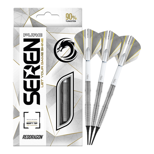 Red Dragon Seren 3 Pure Softdarts - 20 g Das Bild zeigt die Red Dragon Seren 3 Pure Softdarts mit 20g Gewicht. Die Verpackung hebt hervor, dass die Darts zu 90% aus Tungsten bestehen.