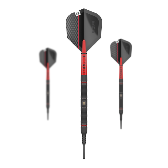 Mirino 10 freccette morbide Das Bild zeigt drei Softdarts des Produkts „Target Scope 10“. Die Darts sind überwiegend schwarz mit roten Akzenten und haben ein modernes Design.