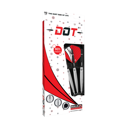 13242_Bulls_Dot_D6_Steeldarts_3 Auf dem Bild ist eine Verpackung für Darts der Marke Bull's Dot zu sehen. In der Packung befinden sich drei Steeldarts mit 90 % Tungsten-Anteil.