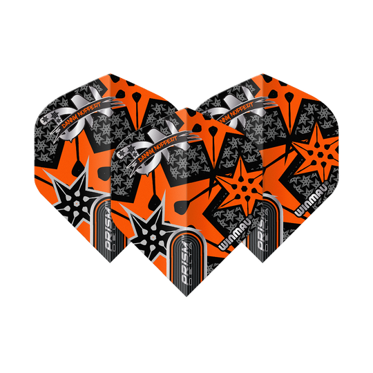 Voli standard Winmau Prism Delta Danny Noppert Orange Signature No2 Das Bild zeigt drei Dart-Flights mit auffälligem orange-schwarzem Design. Auf den Flights steht "Danny Noppert" und "Winmau Prism Delta".