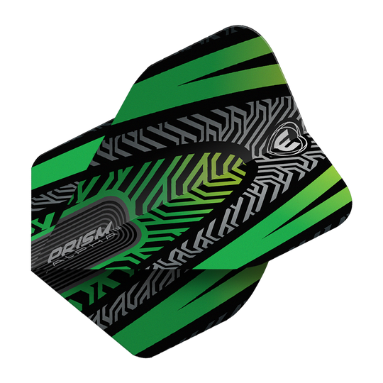 Voli standard Winmau Prism Alpha Black Green No. 2 Dieses Bild zeigt ein Winmau Prism Alpha Schwarz Grün No2 Standard Dartflight. Das Flight hat ein modernes Muster in Schwarz, Grün und Grau.