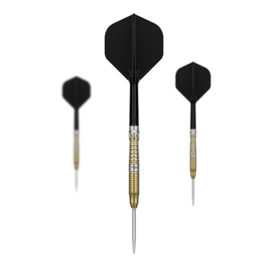 Dieses Bild präsentiert die Target Japan Black Marque Enzo Swiss Point Steeldarts im Set. Die Darts sind für professionelle Spieler geeignet.