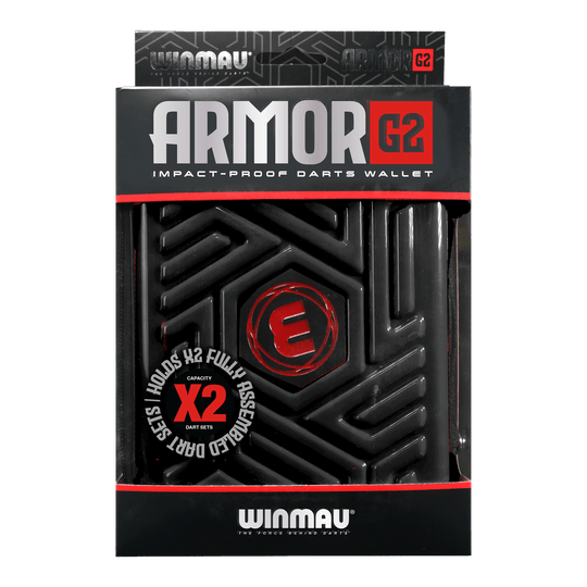 Portafoglio per freccette Winmau Armor G2 Dies ist eine schwarze, stoßfeste Darttasche der Marke Winmau namens "Armor G2". Sie bietet Platz für zwei komplett montierte Dart-Sets.