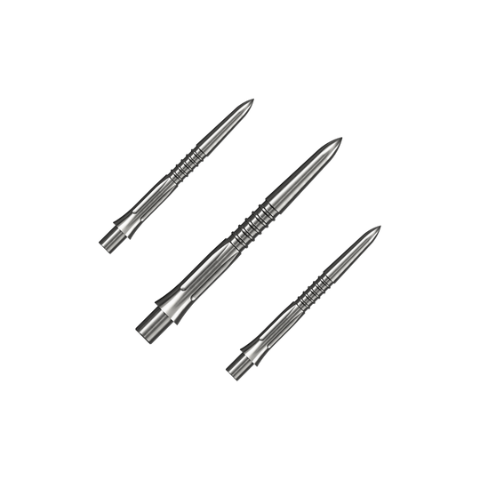 Punte per freccette Mission Caliburn EVO GV1 - argento Auf dem Bild ist ein Set silberner Steeldartspitzen mit 26 mm Länge zu sehen. Mehrere Spitzen sind zusammen angeordnet.