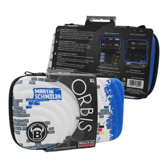 Custodia per freccette Bulls Orbis XL Martin Schindler Das Bild zeigt das Produkt "Bulls Orbis XL Martin Schindler Dartcase". Das Dartcase ist weiß mit blauen und grauen Designelementen und bietet Platz für zwei Dart-Sets.