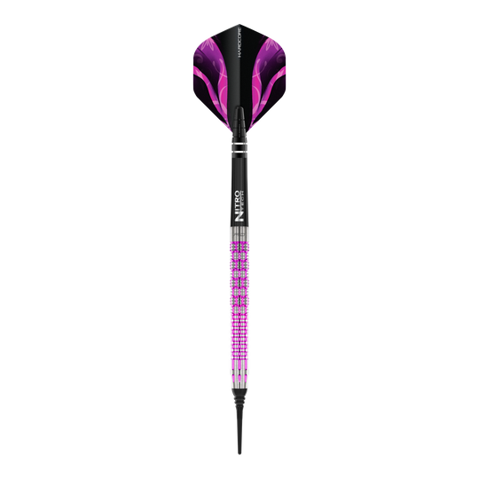 Freccette morbide Red Dragon Tyrian - 22 g Auf dem Bild ist der Red Dragon Tyrian Softdart mit einem Gewicht von 22g zu sehen. Der Dart hat ein auffälliges Design mit lila und pinken Akzenten.