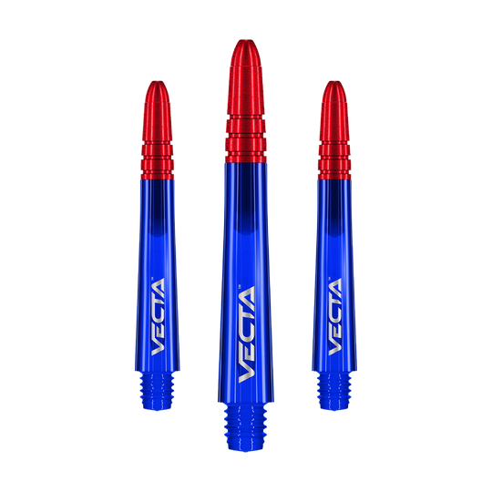 Alberi Winmau Vecta - Blu Rosso Auf dem Bild sind drei Dartschäfte in leuchtendem Blau mit roten Spitzen zu sehen. Auf jedem Schaft steht das Wort "VECTA" in weißer Schrift.
