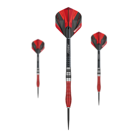 Dardi in acciaio Winmau Dennis Priestley Special Edition Das Bild zeigt drei Winmau Dennis Priestley Special Edition Steeldarts. Die Darts haben ein auffälliges rot-schwarzes Design und besitzen eine griffige, rot-silberne Barrel.