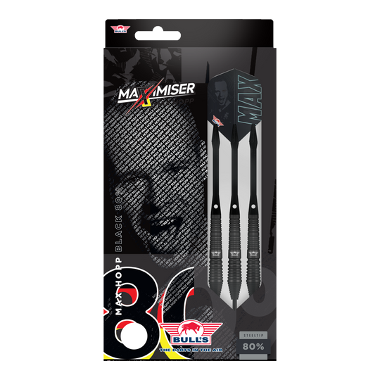 Bulls NL Max Hopp freccette in acciaio nero Auf dem Bild sind Bulls NL Max Hopp Black Steeldarts zu erkennen. Die Darts werden einzeln und detailliert gezeigt.