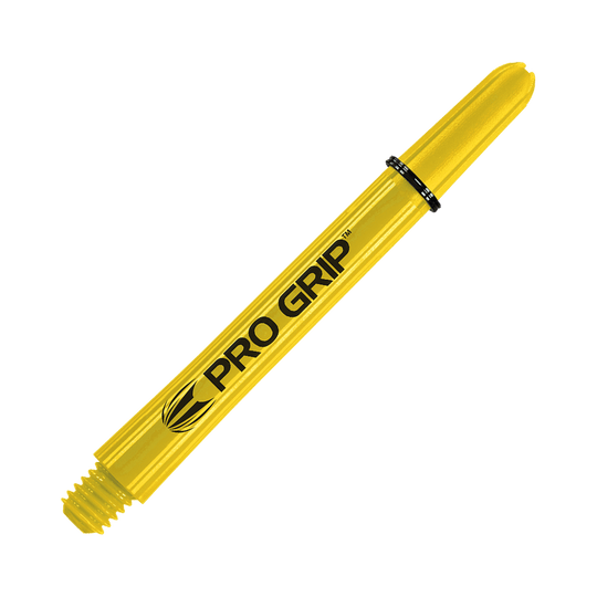 Target Pro Grip Shafts - 3 set - Giallo Das Bild zeigt einen gelben Dart-Schaft mit der Aufschrift "PRO GRIP". Der Schaft hat eine Länge von 48 mm und ist für den Einsatz bei Darts geeignet.