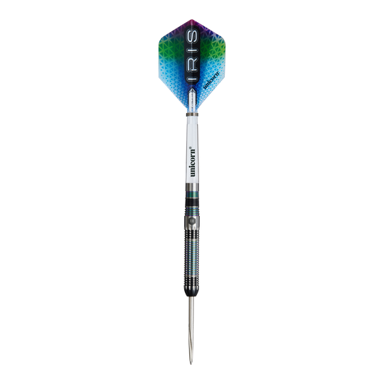Das Bild zeigt einen Steeldart namens "Unicorn Iris". Der Dart hat einen bunten Flight mit dem Schriftzug "IRIS" und einen metallischen Schaft.