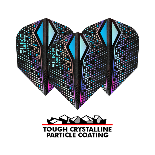 Harrows Silika Colourshift Rivestimento cristallino resistente Alette Silver-X No6 Das Bild zeigt drei Harrows Silika Colourshift Tough Crystalline Coating Silver-X No6 Flights. Unten im Bild steht "TOUGH CRYSTALLINE PARTICLE COATING" mit einer Grafik von Kristallen.