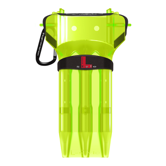 Custodia per freccette L-Style Krystal One tinta unita Das Bild zeigt ein neon-gelbes Dartcase von L-Style. Das Case hat einen schwarzen Verschluss und ist durchsichtig gestaltet.