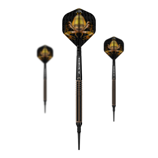 Freccette morbide Mission Scorpion - 19 g Das Bild zeigt drei Softdarts des Produkts "Mission Scorpion Softdarts - 19g". Die Flights der Darts sind schwarz mit einem auffälligen gelben Skorpion-Motiv gestaltet.