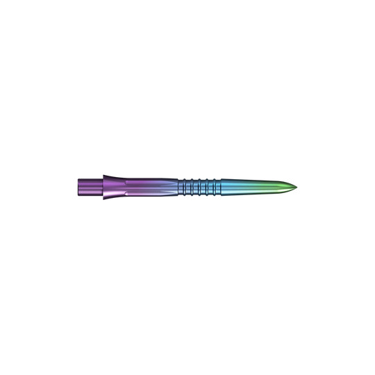 Punte per freccette Mission Caliburn EVO GV1 - Arcobaleno Eine bunte Steeldartspitze mit Rainbow-Finish wird dargestellt. Die Spitze ist schlank und schimmert in mehreren Farben.