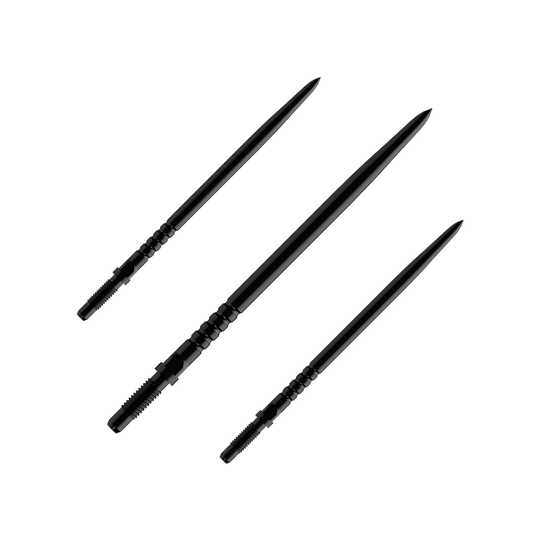 Auf dem Bild sind mehrere Dartspitzen zu sehen. Es handelt sich um ein Set BullsNL Convertible Points mit Ringed Grip in Schwarz und 40mm Länge.