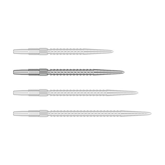 Punte per freccette Target Swiss Point Chrono - Argento Das Bild zeigt vier silberne Dartspitzen in einer Reihe. Die Spitzen sind aus Metall und haben ein geriffeltes Muster.