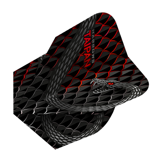 HR27_Harrows_Taipan_Rot_Standard_Flights_2 Das Bild zeigt die Harrows Taipan Standard Flights mit einem schwarzen, roten und silbernen Schuppendesign. Ein Schlangenmotiv und der Schriftzug „HARROWS TAIPAN“ sind ebenfalls zu sehen.