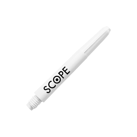 526_McDart_Scope_Nylon_Shafts_Weiss_41mm_2 Das Bild zeigt einen weißen McDart Scope Nylon Shaft. Auf dem Shaft steht das Wort "SCOPE" mit einem Zielscheiben-Symbol im Buchstaben "O".