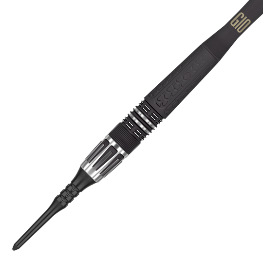 Freccette morbide Target Phil Taylor Power 9Five GEN10 Das Bild zeigt einen modernen Softdartpfeil mit schwarzem und silbernem Design. Auf dem Griffstück steht die Aufschrift "G10".