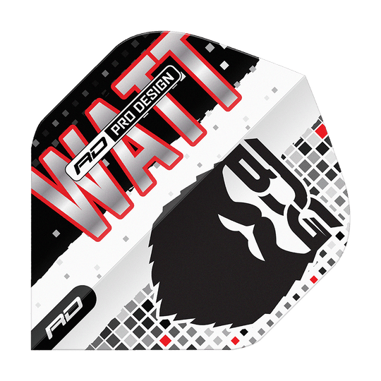 Red Dragon Hardcore Jason Watt BDG Premium No2 Voli Standard Das Bild zeigt das Produkt "Red Dragon Hardcore Jason Watt BDG Premium No2 Standard Flights". Auf dem Flight sind der Name "WATT", ein stilisiertes Gesicht und das Logo "RD" zu sehen.