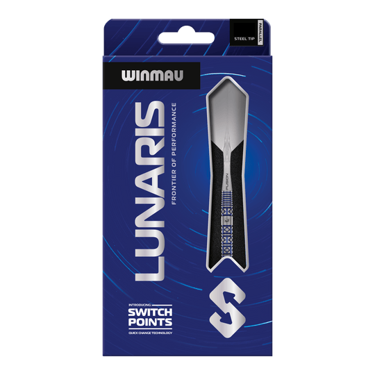 Winmau Lunaris Parallel Switch Point Steeldarts Das Bild zeigt die Winmau Lunaris Parallel Switch Point Steeldarts. Die Darts liegen nebeneinander und sind deutlich zu erkennen.