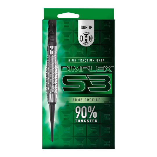 Freccette morbide Harrows Dimplex S3 Bomb Das Bild zeigt eine Verpackung der "Harrows Dimplex S3 Bomb Softdarts". Auf der Verpackung steht, dass die Darts eine hohe Grifftraktion haben und aus 90% Wolfram bestehen.