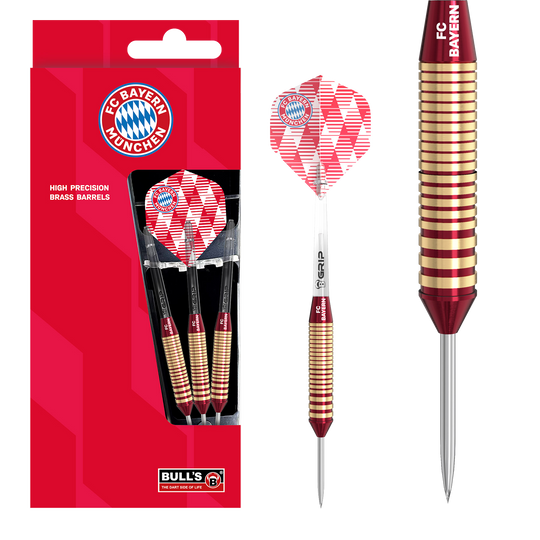 Abgebildet sind die Bulls FC Bayern München Brass Steeldarts mit einem Gewicht von 21g. Das Produkt ist ideal für Fans des FC Bayern München und Steeldartspieler.