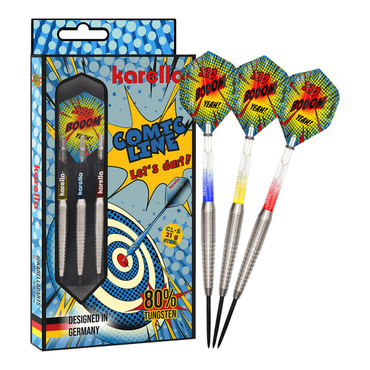 Freccette in acciaio Karella Comic Line CL-5 - 21 g Das Bild zeigt die Karella Comic Line CL-5 Steeldarts - 21g. Es handelt sich um ein Set moderner Steeldarts mit auffälligem Design.