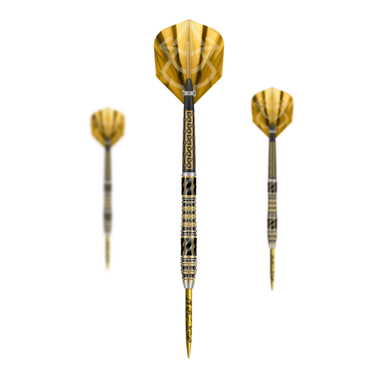 Auf dem Bild sind die Shot Alchemy Auro Steeldarts als komplettes Set abgebildet. Das Set unterstreicht die besondere Gestaltung der Steeldarts.