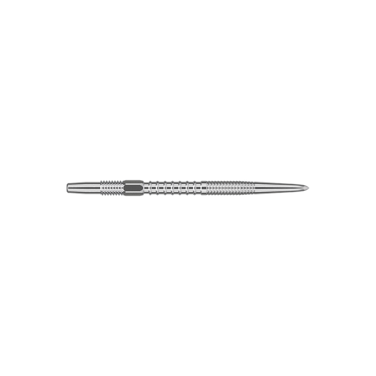 Puntali per freccette Target Swiss Firepoint Silver Das Bild zeigt eine silberne Dartspitze mit feinen Rillen. Sie ist lang, schlank und aus Metall gefertigt.