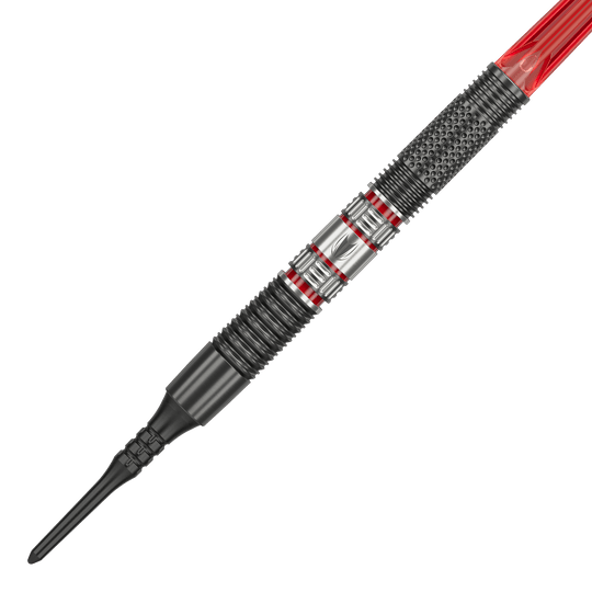 Freccette morbide Target Gabriel Clemens 95K - 19 g Das Bild zeigt einen Target Gabriel Clemens 95K Softdart mit einem Gewicht von 19 Gramm. Der Dart hat ein auffälliges Design mit silbernen, schwarzen und roten Elementen.