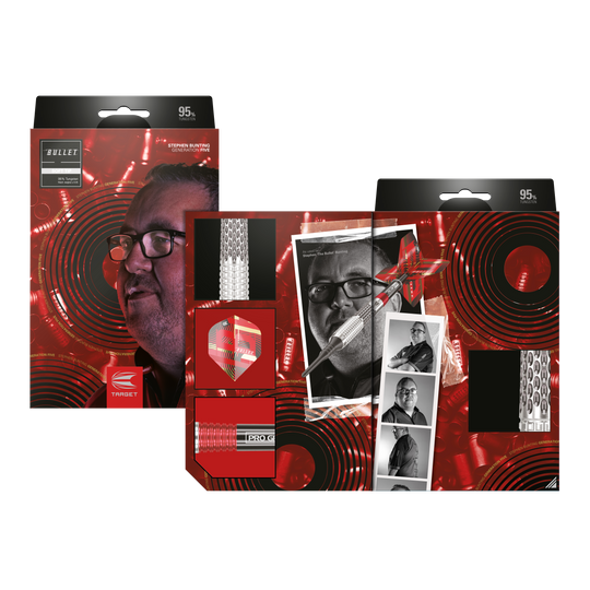 Freccette morbide Target Stephen Bunting GEN5 - 18 g Auf dem Bild ist die Verpackung der "Target Stephen Bunting GEN5 Softdarts - 18g" zu sehen. Die Verpackung zeigt ein Porträt von Stephen Bunting und mehrere Produktdetails vor einem roten, auffälligen Hintergrund.