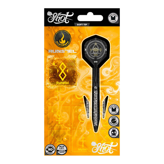 Freccette morbide Shot Alchemy Runstel - 20 g Das Foto zeigt die 20g Shot Alchemy Runstel Softdarts. Die Darts sind ideal für Spieler, die Wert auf Qualität legen.