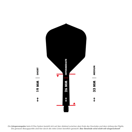 Target K-Flex No6 Flight System - Bianco Das Bild zeigt eine Dart-Flightschafte mit Längenangaben in Millimetern. Es werden die drei Längen "Short" (19 mm), "Intermediate" (26 mm) und "Medium" (33 mm) dargestellt.