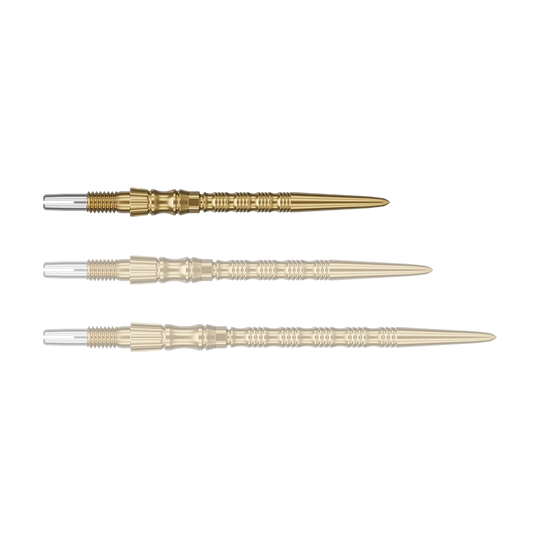 Ein einzelner Target SwissPoint Signature TRB Dartspitze in Gold mit 30mm Länge wird gezeigt. Die Spitze ist detailliert abgebildet.