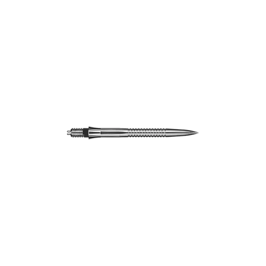 Punte per freccette Caliburn EZ-EVO - Scanalate - Argento Zu sehen sind Dartspitzen mit Rillen im silbernen Design und einer Länge von 28 mm. Diese Dartspitzen sind für präzises Dartspiel gedacht.