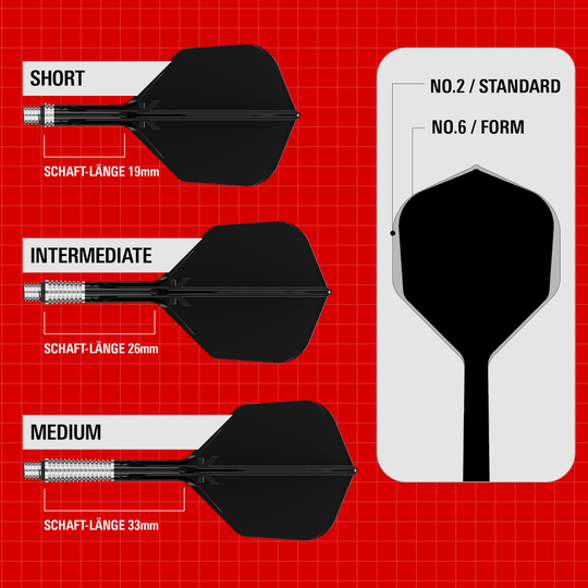 Gezeigt werden die Target K-Shift No6 Flights in Schwarz. Das Bild hebt das Design und das Material dieser Dart Flights hervor.