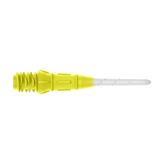 L-Style Premium Two Tone Lippoints (confezione da 30) Das Bild zeigt eine zweifarbige Dartspitze mit gelbem und weißem Bereich. Der hintere Teil ist gelb, während die Spitze weiß ist.