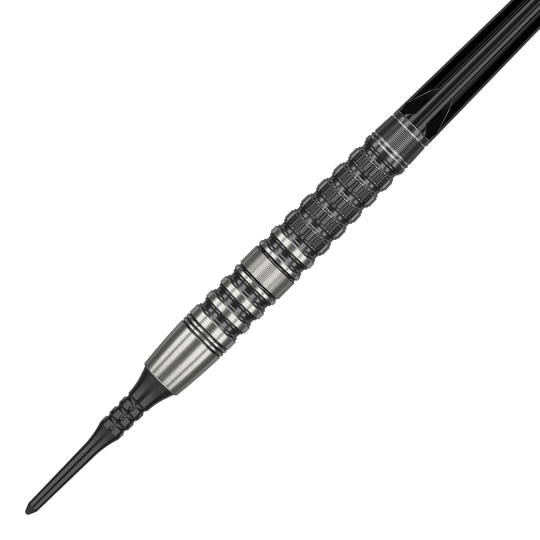Target Japan Black Marque Lumiere GEN3 Freccette morbide - 18,5 g Das Bild zeigt einen Target Japan Black Marque Lumiere GEN3 Softdart mit einem Gewicht von 18,5g. Der Dart ist aus Metall gefertigt und besitzt ein detailliertes, strukturiertes Griffdesign.